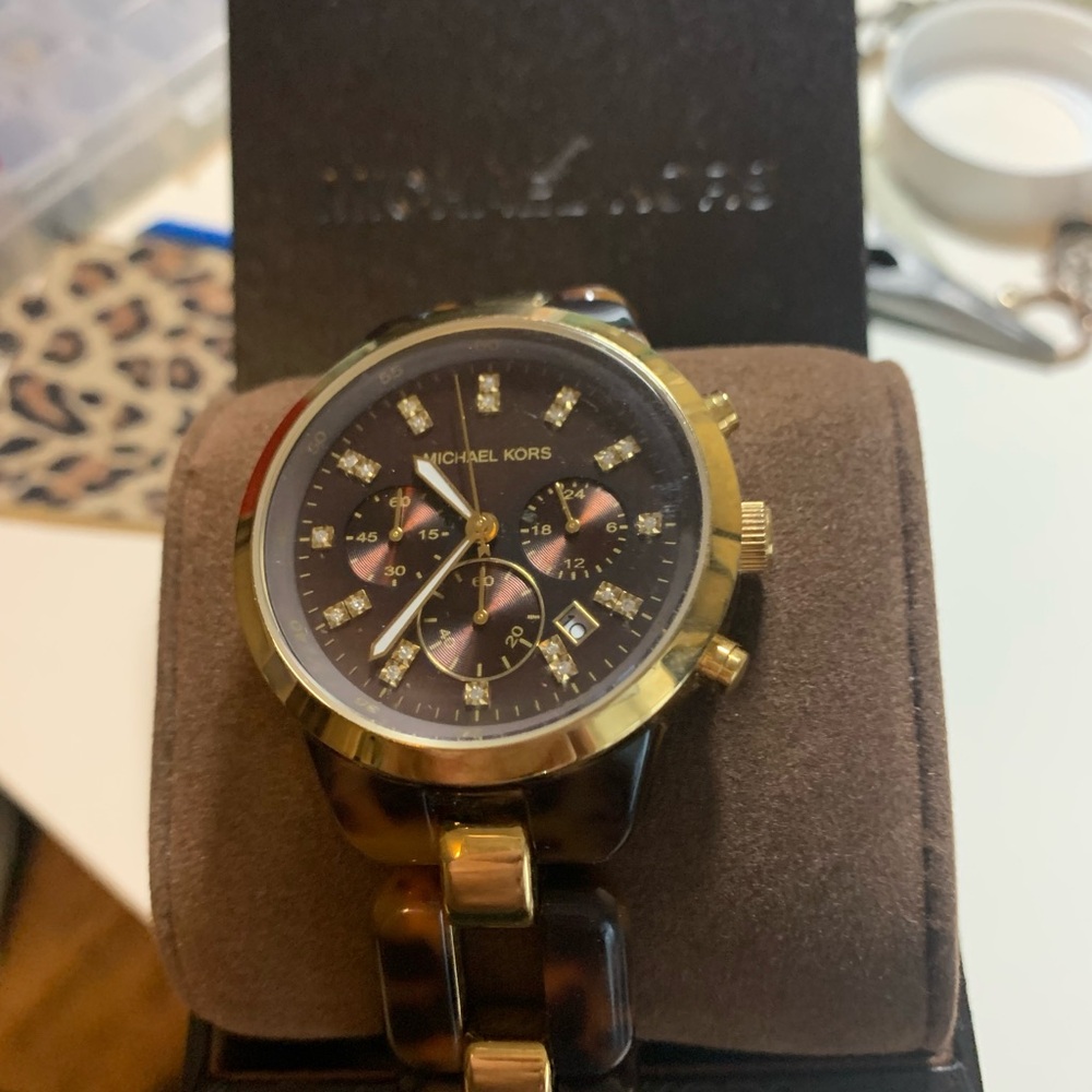 With new battery, Michael Kors Tortoiseshell and Gold Chronograph Watch & box